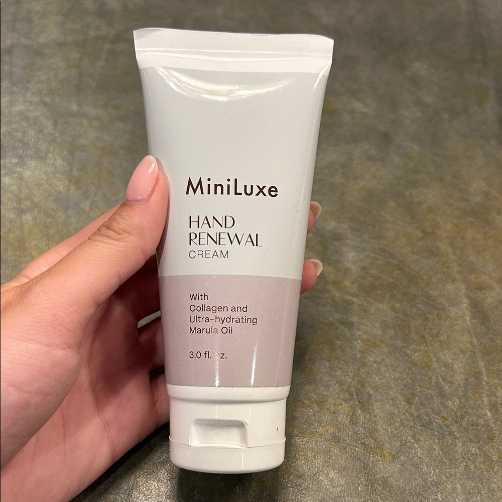 MiniLuxe Hand Renewal Cream formulated with collagen and marula oil.